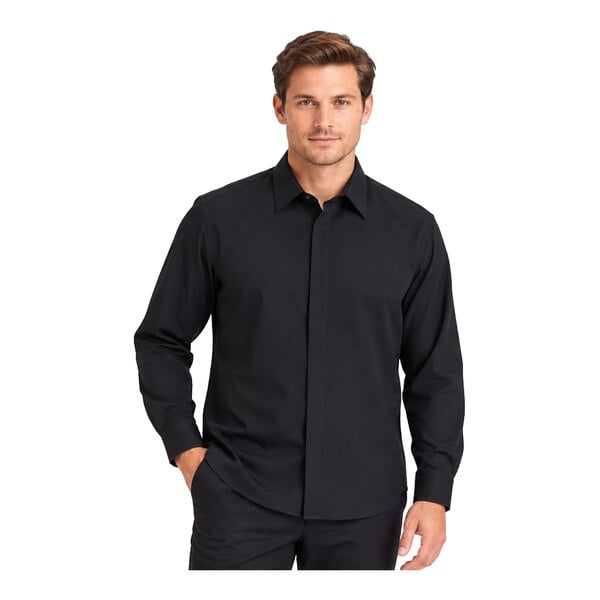 A man is wearing a black long-sleeve dress shirt with a cafe collar and matching black pants.