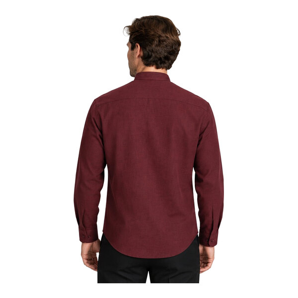 A man is shown from the back wearing a long-sleeve, burgundy dress shirt with a banded collar and black pants.