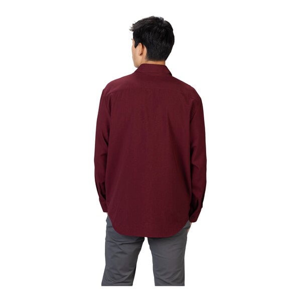 A person is shown from the back wearing a long-sleeve burgundy shirt and gray pants.
