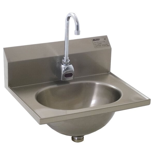 A stainless steel Eagle Group hand sink with a gooseneck faucet.