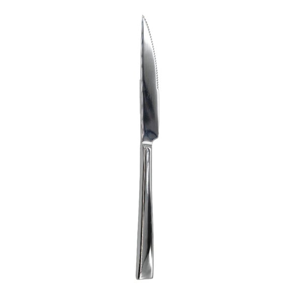 A stainless steel steak knife with a serrated edge and a reflective, straight handle is shown against a white background.