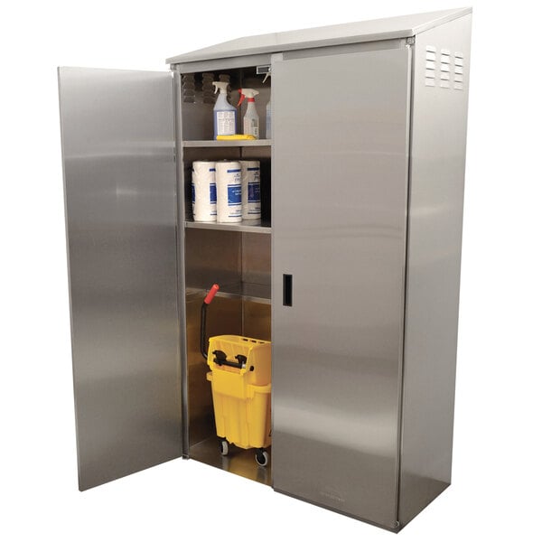 A stainless steel Advance Tabco mop sink cabinet with a yellow bucket and cleaning supplies.