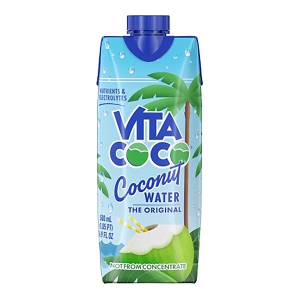 A rectangular blue carton of Vita Coco coconut water with a screw cap, featuring palm tree graphics and a coconut illustration on the front.