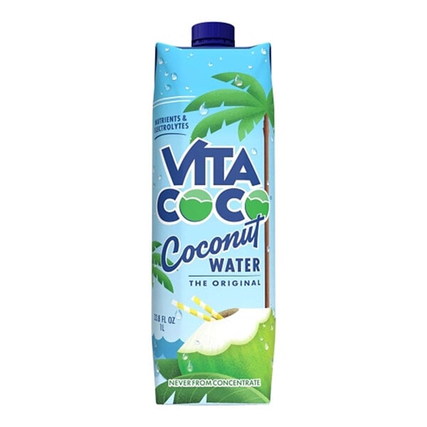 A rectangular carton of Vita Coco Coconut Water with a blue cap, featuring palm tree graphics and a coconut illustration on the front.