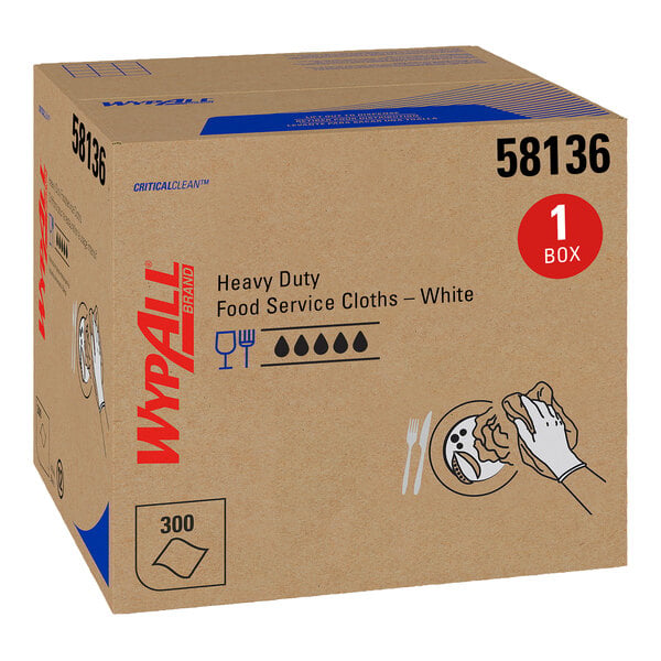 A cardboard box labeled 'WypAll Heavy Duty Food Service Cloths – White' containing 300 cloths, with illustrations of cleaning and food service icons.