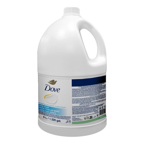 A large white plastic jug with a handle and a label indicating it is Dove hand wash, containing 5 liters (1.32 gallons).