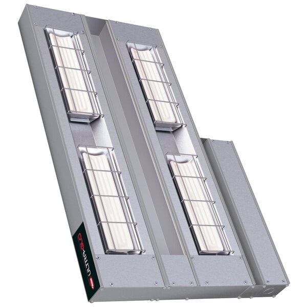 A close-up of the Hatco Ultra-Glo infrared strip warmer's metal box with three lights inside.