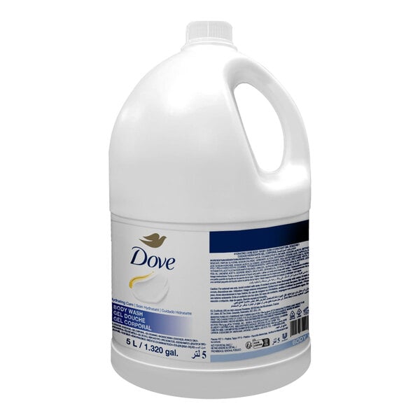 A large white plastic jug with a handle and a label indicating it is Dove body wash, containing 5 liters (1.32 gallons).