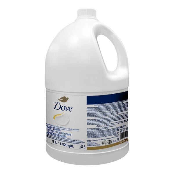 A large white plastic jug with a handle and a label indicating it contains Dove body lotion.