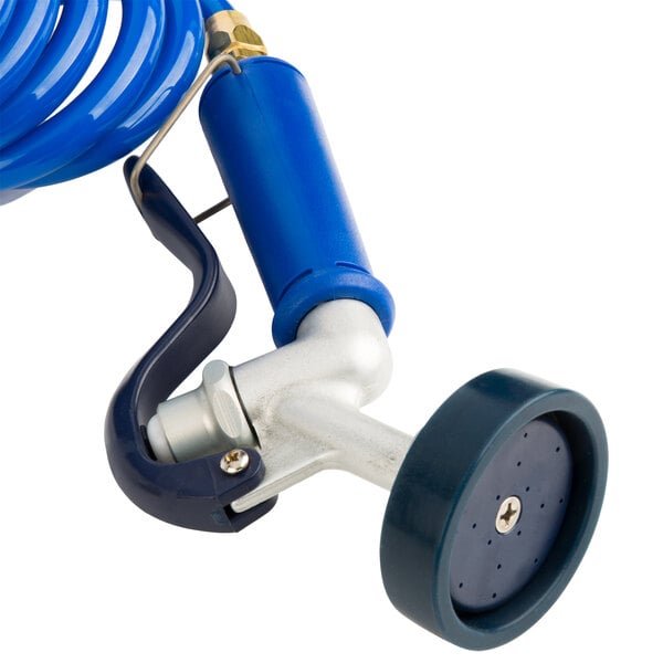 A blue hose with a metal nozzle and a blue and silver tool.