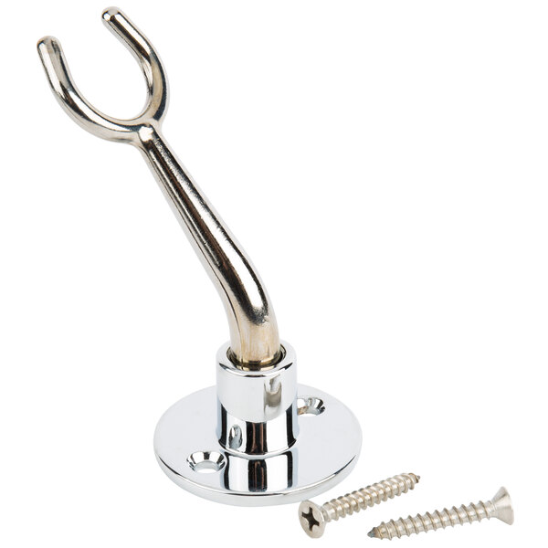 A silver metal T&amp;S wall mount hook with screws.