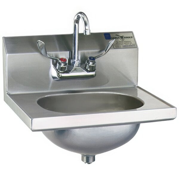 A stainless steel Eagle Group hand sink with a gooseneck faucet and wrist action handles.