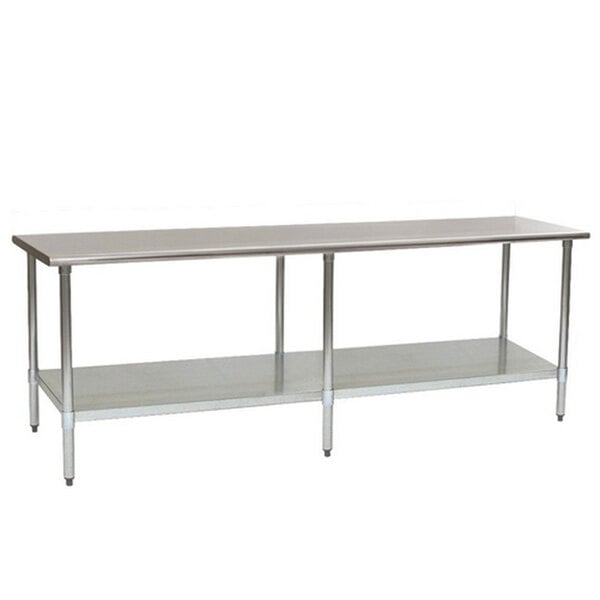 A long stainless steel Eagle Group work table with a galvanized undershelf.