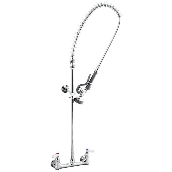 A silver T&S wall mount pet grooming faucet with a hose.