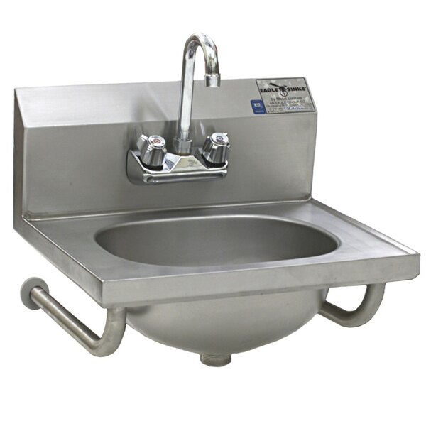 A stainless steel Eagle Group hand sink with a gooseneck faucet.