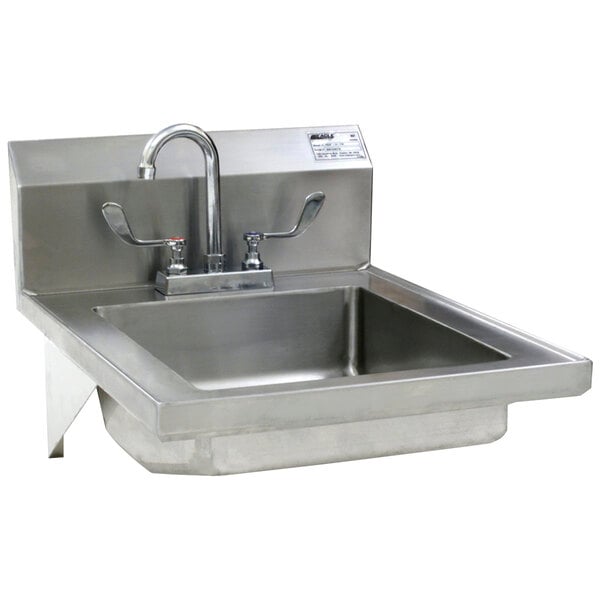 A stainless steel Eagle Group hand sink with a gooseneck faucet and basket drain.