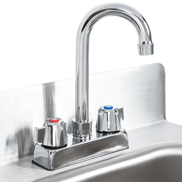 A close-up of a stainless steel Eagle Group hand sink with a gooseneck faucet.