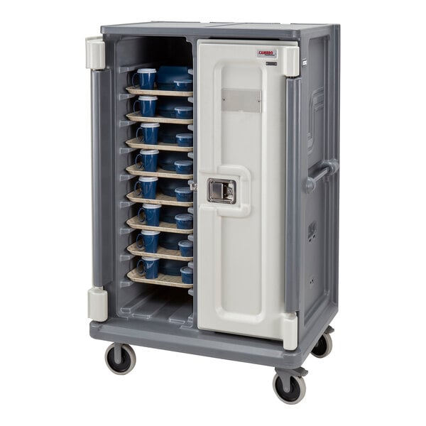 Cambro 38 1/2" x 26 1/2" x 64 1/4" Granite Gray 20 Tray Meal Delivery Cart with 2 Rigid / 2 Swivel Casters MDC1418T20191