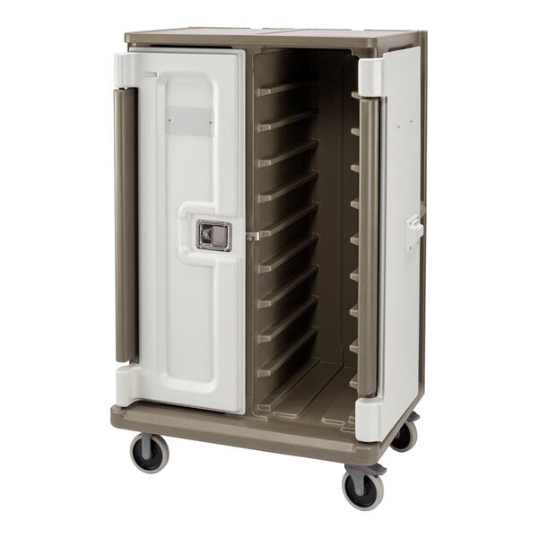Cambro 38 1/2" x 26 1/2" x 64 1/4" Granite Sand 20 Tray Meal Delivery Cart with 2 Rigid / 2 Swivel Casters MDC1418T20194