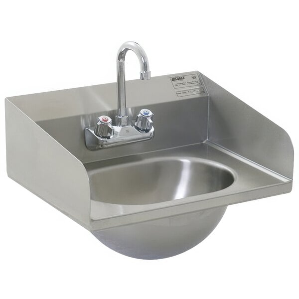 A stainless steel Eagle Group hand sink with a gooseneck faucet and basket drain.