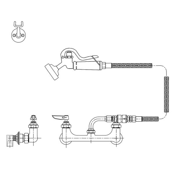 A drawing of a T&S pet grooming faucet with a hose and vacuum breaker.