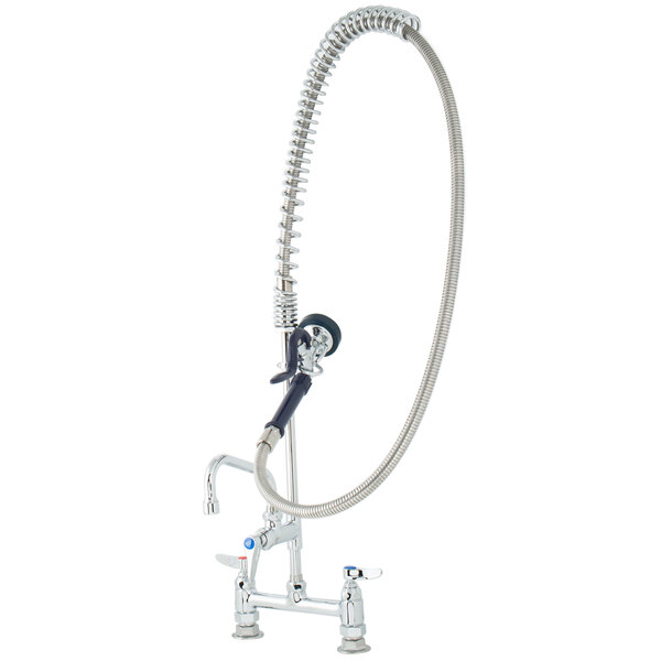 A chrome deck mount pet grooming faucet with a hose attached.