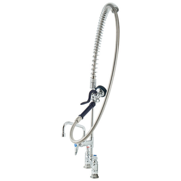 A T&S chrome pet grooming faucet with a metal hose.