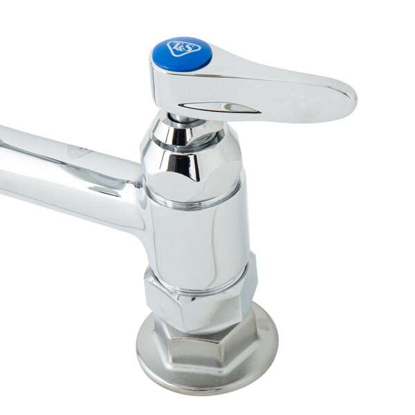 A chrome T&S pet grooming faucet with blue handles.