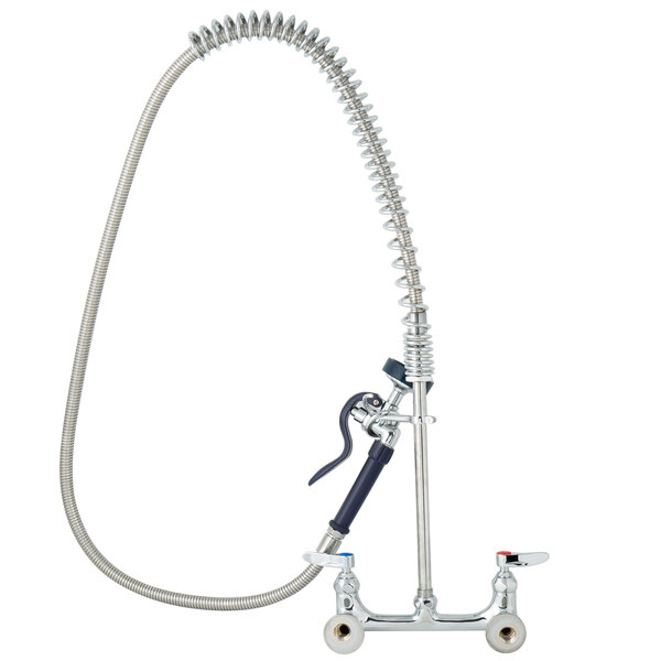 A chrome T&S Pet Grooming faucet with a metal hose attached to it.