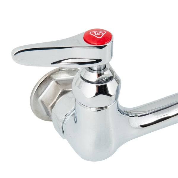 A T&S chrome pet grooming faucet with a red side button.