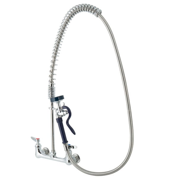 A T&S wall mount pet grooming faucet with a stainless steel hose and installation kit.