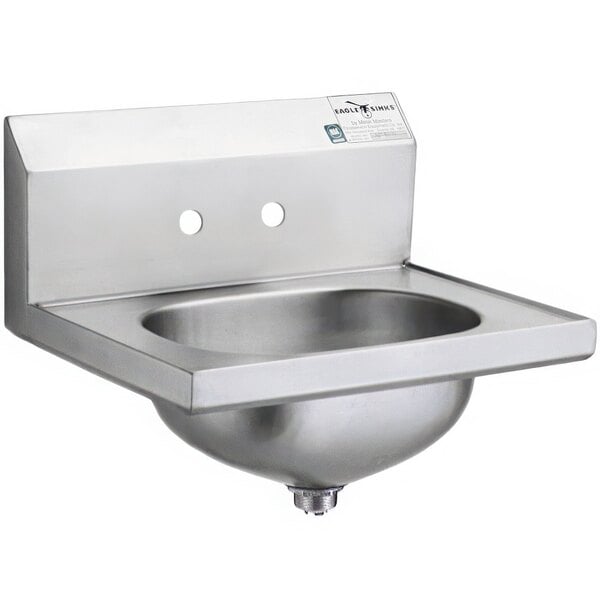 An Eagle Group stainless steel hand sink with a basket drain and faucet center holes.