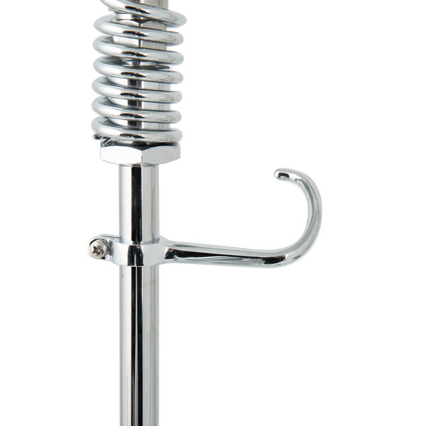 A T&S chrome metal wall mount pet grooming faucet with a spiral.