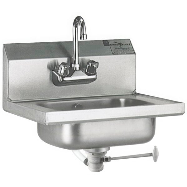 An Eagle Group stainless steel hand sink with a gooseneck faucet and polymer lever drain.