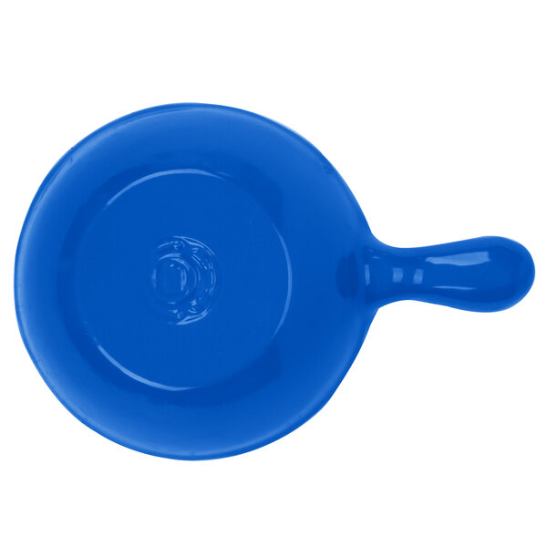 A blue round Tablecraft soup bowl with a handle.
