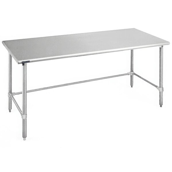 A silver rectangular Eagle Group stainless steel work table with metal legs.