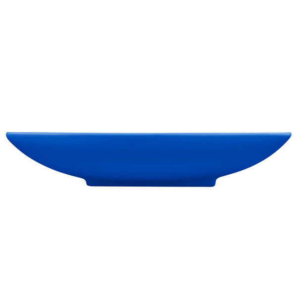 A cobalt blue cast aluminum triangle display bowl.