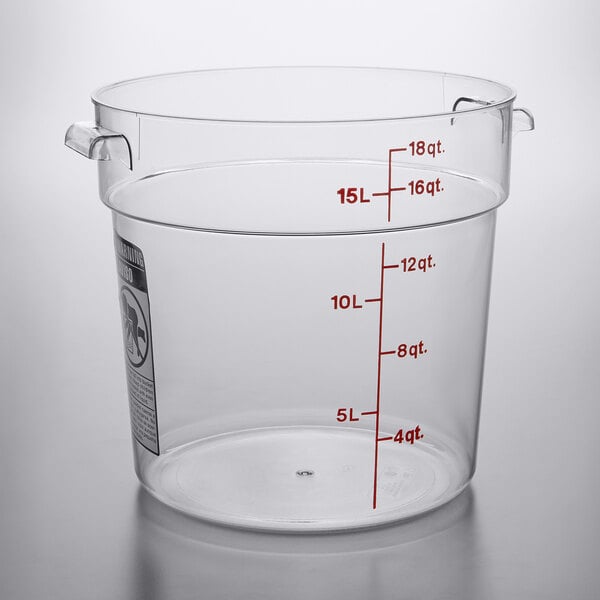 A clear plastic Cambro food storage container with red measurements.