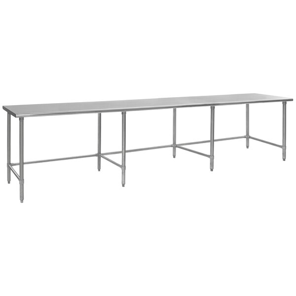 A long rectangular Eagle Group stainless steel work table with an open base.