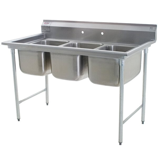 A stainless steel Eagle Group three compartment sink.