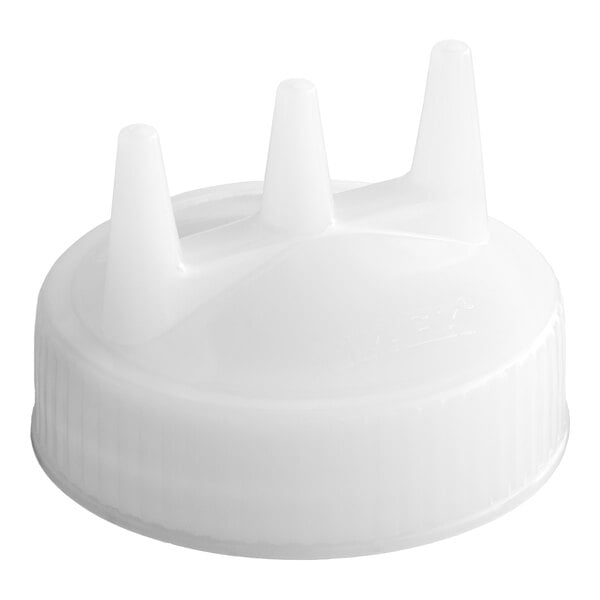A white plastic wide mouth bottle cap with three pointed dispensing tips.