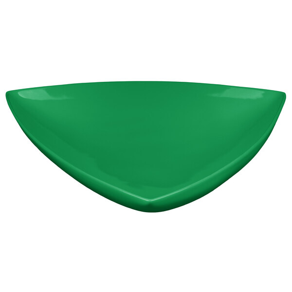 A green triangle shaped Tablecraft display bowl.