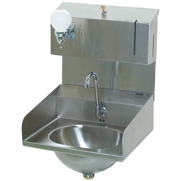 An Eagle Group stainless steel hand sink with a gooseneck faucet and soap dispenser.