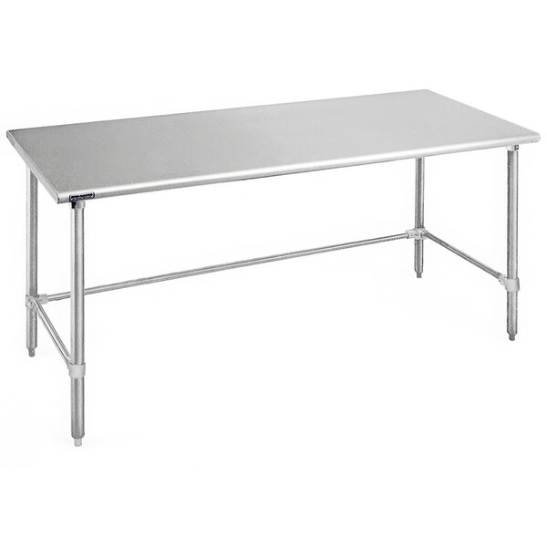 A rectangular stainless steel work table with metal legs.