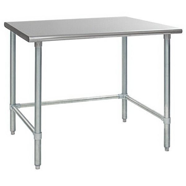 An Eagle Group stainless steel work table with metal legs.