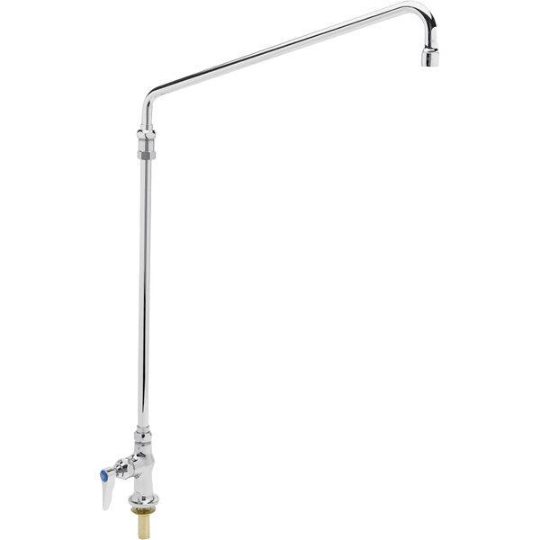 A chrome deck-mounted faucet with a long silver pipe and round handle.