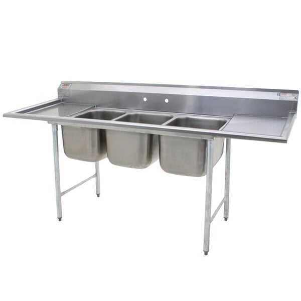 A stainless steel Eagle Group 3 compartment sink with two 18" drainboards.