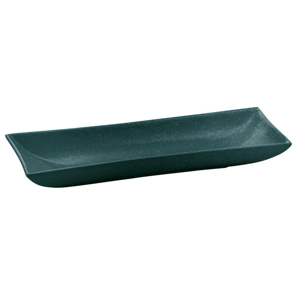 A Tablecraft hunter green rectangular cast aluminum platter with white speckles.