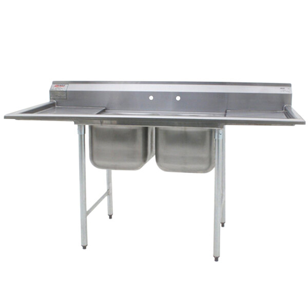 A stainless steel Eagle Group 2 compartment sink with two 18" bowls and two 18" drainboards.