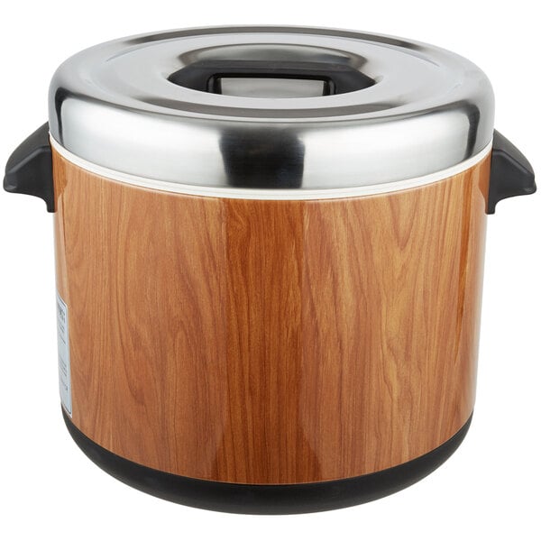 A wood and stainless steel Town sushi rice container with a woodgrain finish.